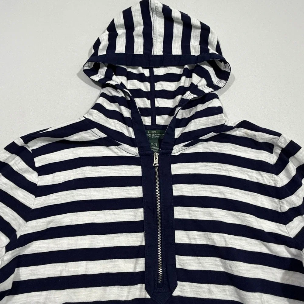 Ralph Lauren Hoodie XL Womens Navy Stripe 100% Cotton 1/4 Zip Coastal Preppy